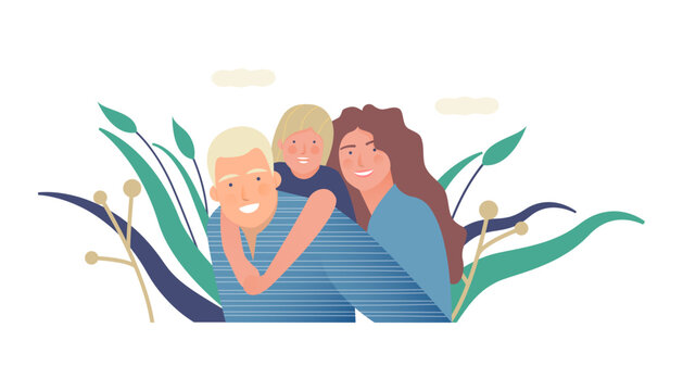 Family Health and Wellness. Modern Flat Vector Illustration. Happy Family of Parents and Child on Abstract Background. Modern Flat Vector Design Template.