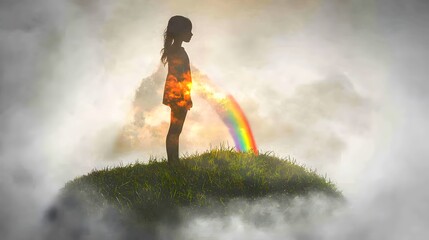 Fototapeta premium A pre-teen girl standing on a grassy hill, with an image of a bright rainbow filling her silhouette. The double exposure effect creates a magical, uplifting vibe, perfect for themes of hope 