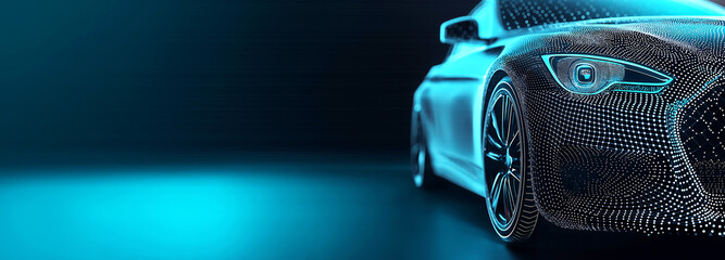 Futuristic car with digital tech overlay featuring neon glow and dotted patterns