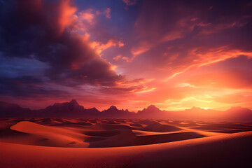 Fiery sunset paints the desert landscape in vibrant hues of orange and red, casting long shadows across the sand dunes and silhouetting the distant mountains. A breathtaking scene of nature's beauty.