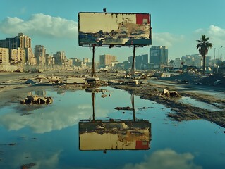 A solitary billboard in a desert oasis surrounded by palm trees and a small water body