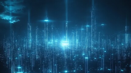 Fototapeta premium Futuristic Cityscape with Neon Lights and Digital Structures