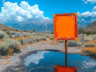 A solitary billboard in a desert oasis surrounded by palm trees and a small water body