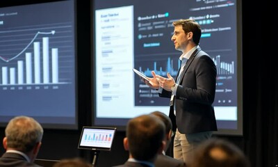 Businessman giving a presentation with data visualizations on a large screen. - Powered by Adobe