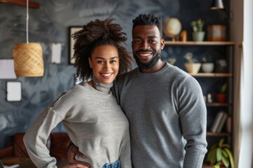 Fototapeta premium Portrait of a satisfied multiethnic couple in their 30s showing off a lightweight base layer on stylized simple home office background