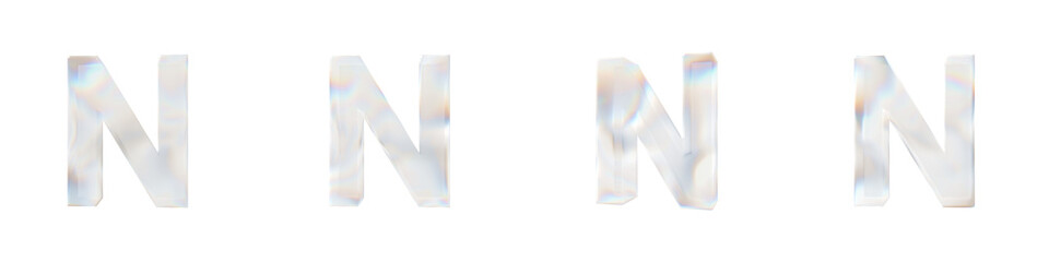 Set of 4 3d letter N with glass distortion effect isolated on a transparent background. 3d transparent elements for graphic design.