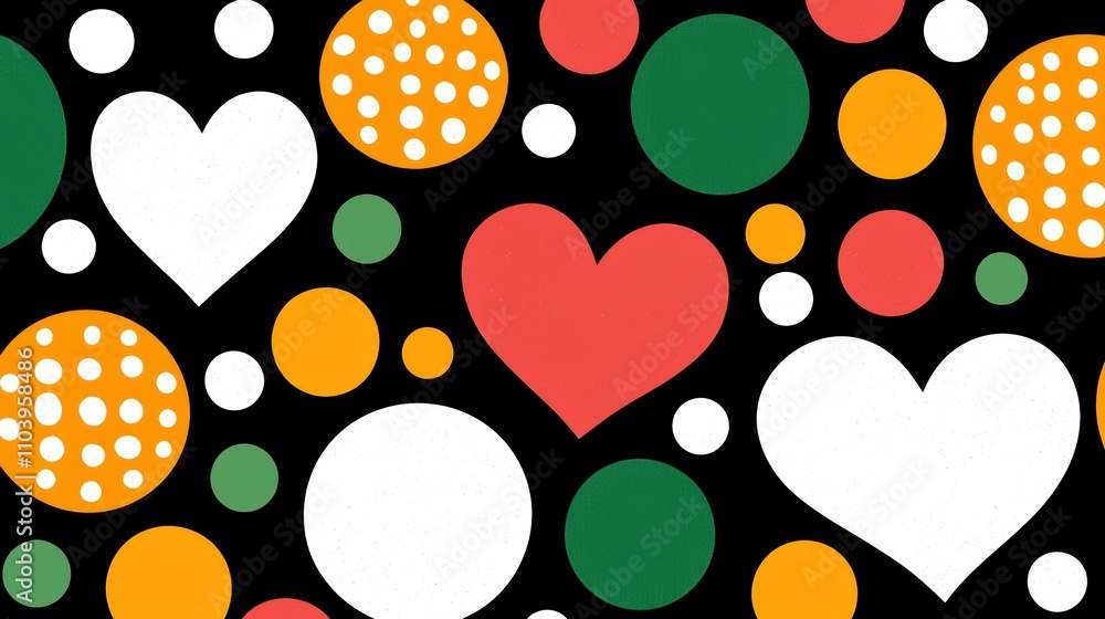 Poster colorful abstract polka dots and hearts pattern on black background