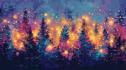 Magical forest with Christmas trees and glowing lights Christmas card style pop art abstract artistic winter wonderland nature colorful woodland holiday background backdrop wallpaper with copy space