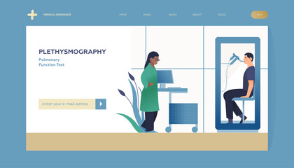 Doctor Performing Whole Body Plethysmography on Patient in Medical Office or Laboratory. Modern Flat Vector Concept Illustration. Respiratory Diseases. Landing Page Design Template. Website Banner.