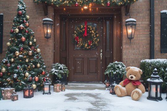 Beautiful Christmas door with garlands, lanterns, decorated trees, teddy bear, snow, brick wall background.