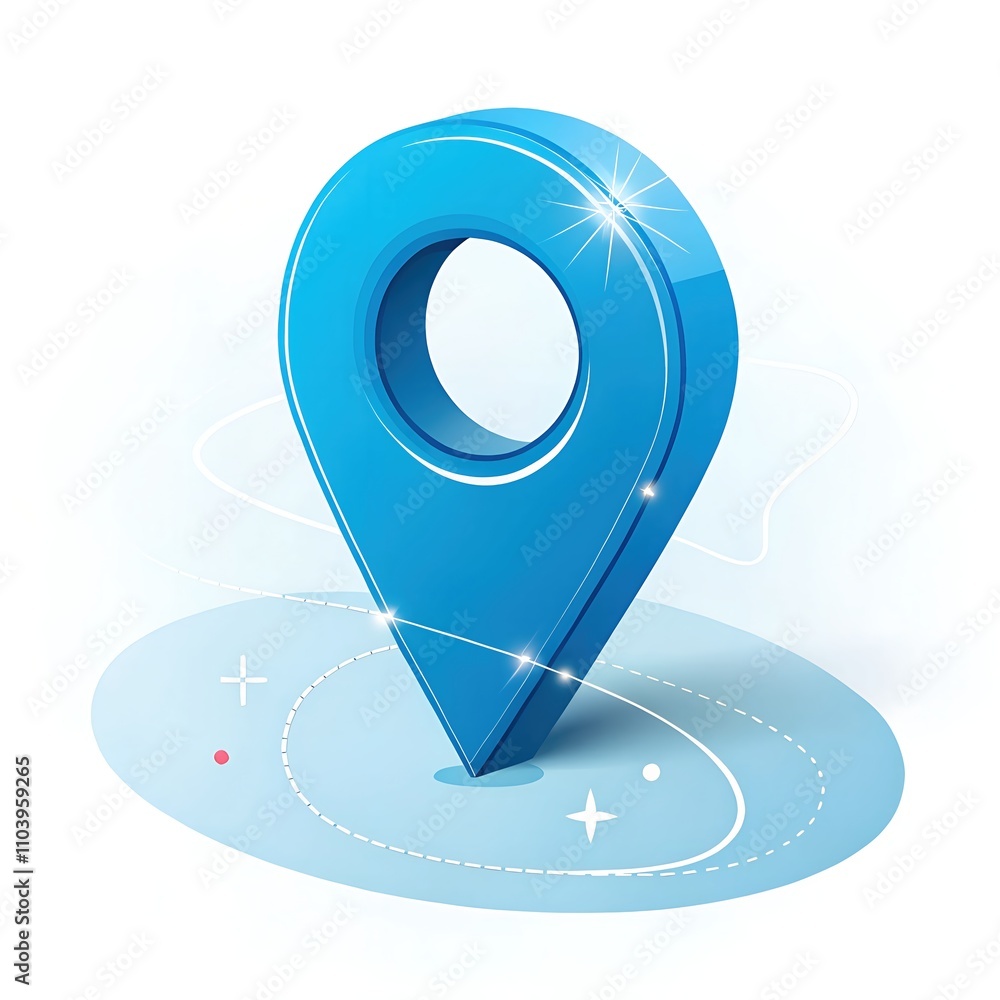 Aufkleber glossy blue location pin icon with a futuristic design on a white background, surrounded by abstract
