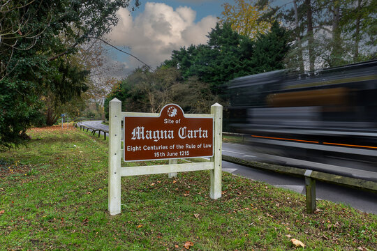 The signpost on the A308 marking the site where the Magna Carta was signed in 1215 at Runnymede, Surrey, UK