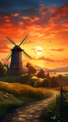 Serene sunset over a quaint windmill in a picturesque countryside. Warm colors paint the sky as a pathway leads towards the idyllic scene.