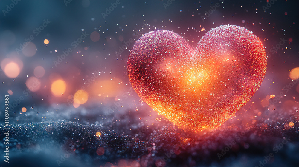 Poster vibrant heart shape glowing in a misty atmosphere during twilight with sparkling lights all around. 