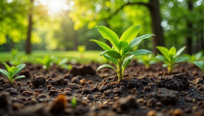 Young green plant sprouting in fertile soil with sunlight in the background for nature photography