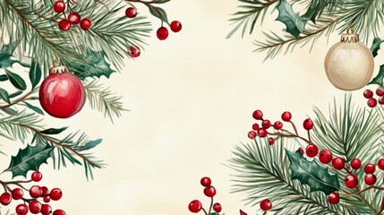 Christmas Watercolor Illustration with Pine Branches, Red Berries, and Ornaments