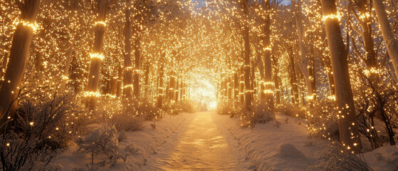 Naklejka premium magical forest illuminated by warm lights, creating serene winter pathway. enchanting scene evokes feelings of wonder and tranquility amidst snowy landscape