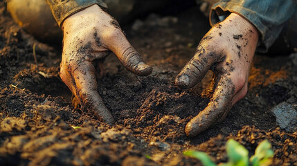 Hands covered in dirt, preparing soil for planting in a garden. Represents gardening, farming, and organic practices