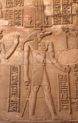 Closeup of the wall relief of the god Sobek, Kom Ombo Temple Egypt
