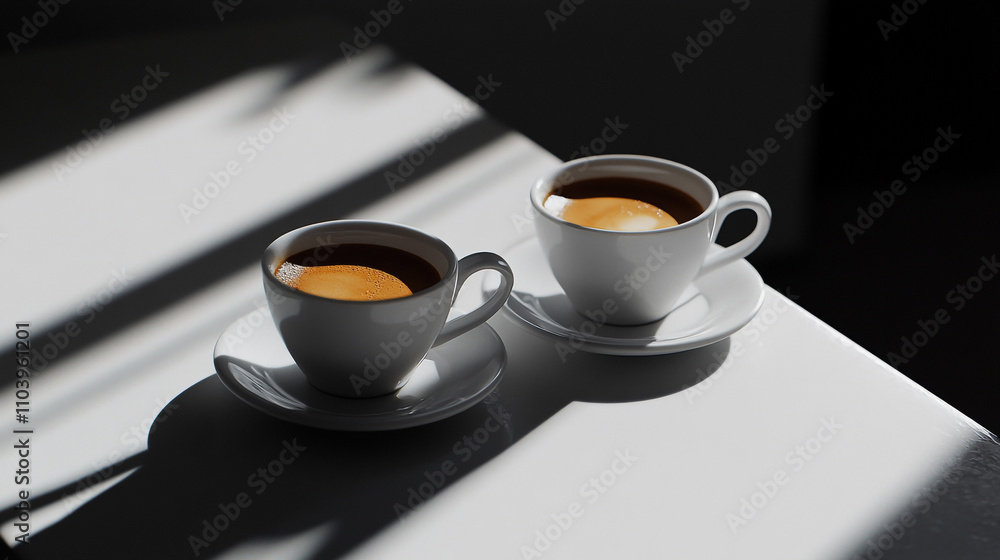 Poster two cups of coffee resting on a table with soft shadows in a bright setting