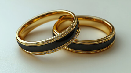 Elegant gold wedding and engagement rings featuring black accents and sparkling diamonds, perfect for symbolizing love and commitment