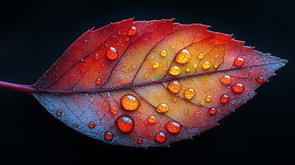 A close-up of a colorful leaf with water droplets, showcasing nature's beauty and detail.
