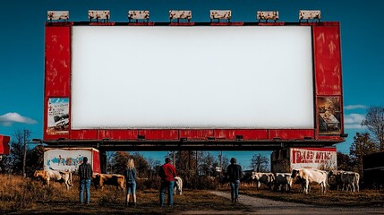 A towering white billboard in a quiet countryside setting next to a dirt path and grazing cattle