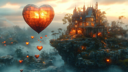 Obraz premium Hot air balloon in the shape of a heart floats near a mystical castle at sunset. Generative AI