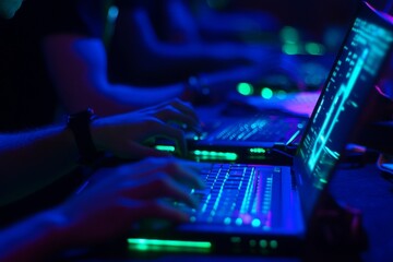 Cyber security team collaborating on a laptop with glowing firewalls and network defenses