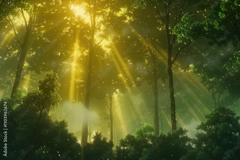 Poster a serene forest scene with sunlight filtering through trees, creating a tranquil atmosphere.