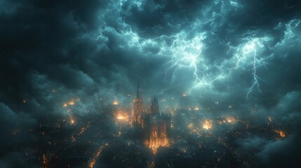 Obraz premium Dark storm engulfs a mystical city under ominous clouds with flashes of lightning