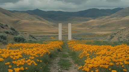 A towering white billboard on a rural dirt road with wildflowers and rolling hills in the distance
