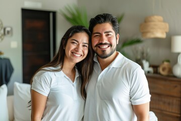 Obraz premium Portrait of a cheerful latino couple in their 20s wearing a breathable golf polo over crisp minimalistic living room
