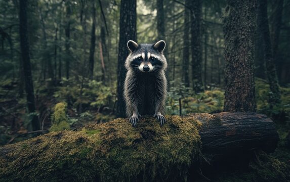 A Playful Raccoon Pausing on a Mossy Log in a Lush Green Forest during an Enchanting Summer Afternoon