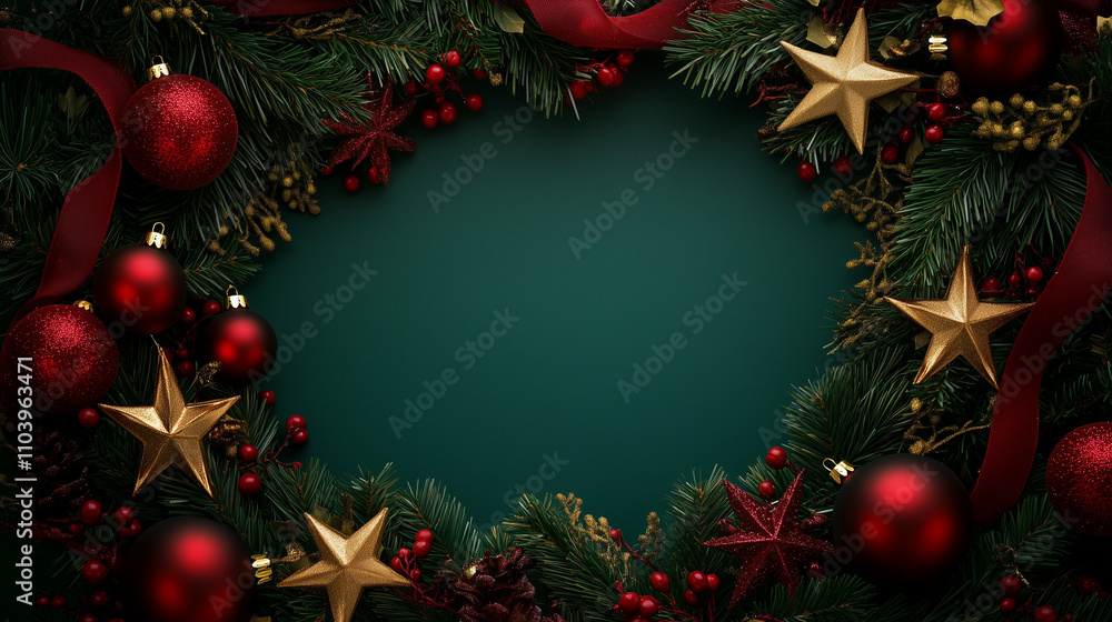 Poster elegant christmas background with a deep emerald green color palette, adorned with festive red and g