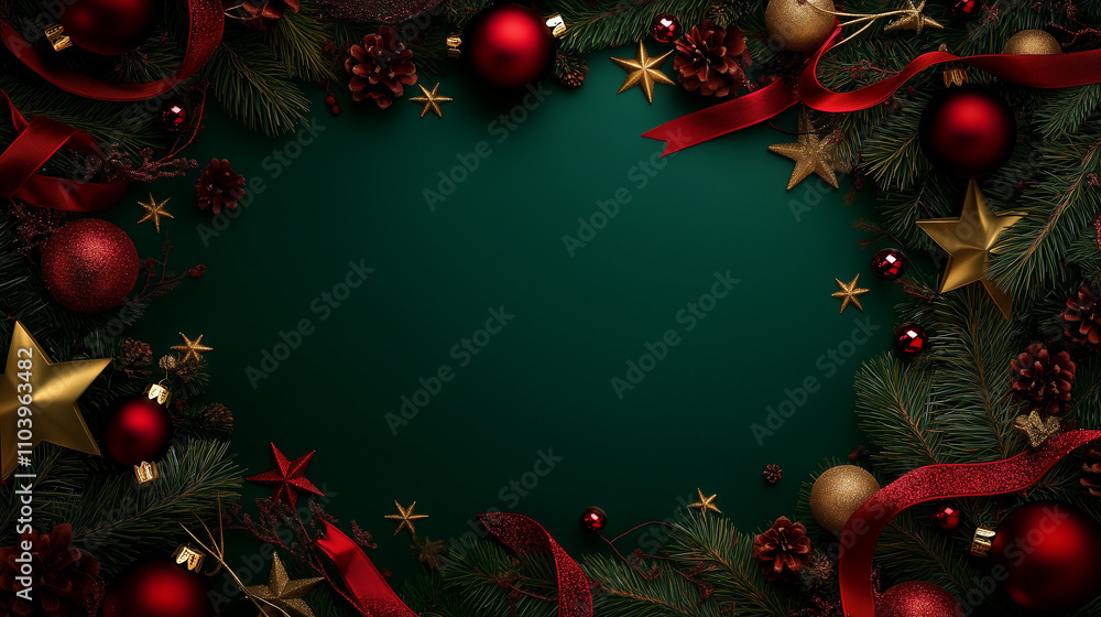 Poster elegant christmas background with a deep emerald green color palette, adorned with festive red and g