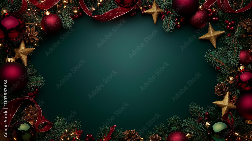 Poster elegant christmas background with a deep emerald green color palette, adorned with festive red and g