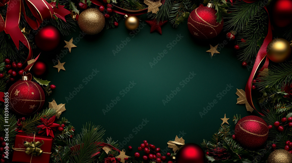 Poster elegant christmas background with a deep emerald green color palette, adorned with festive red and g
