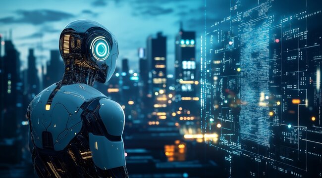 A humanoid robot stands and looks at the digital data streams. The concept of the development of modern technologies and artificial intelligence