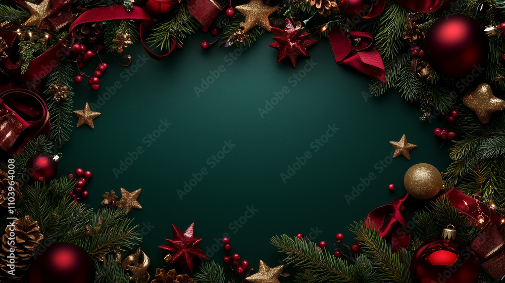 Poster elegant christmas background with a deep emerald green color palette, adorned with festive red and g