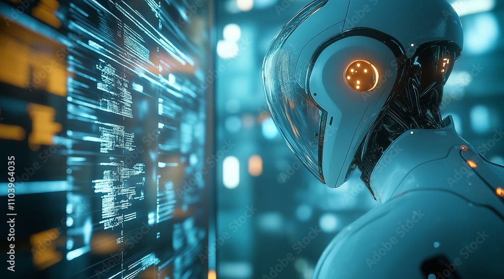 Poster a humanoid robot stands and looks at the digital data streams. the concept of the development of mod