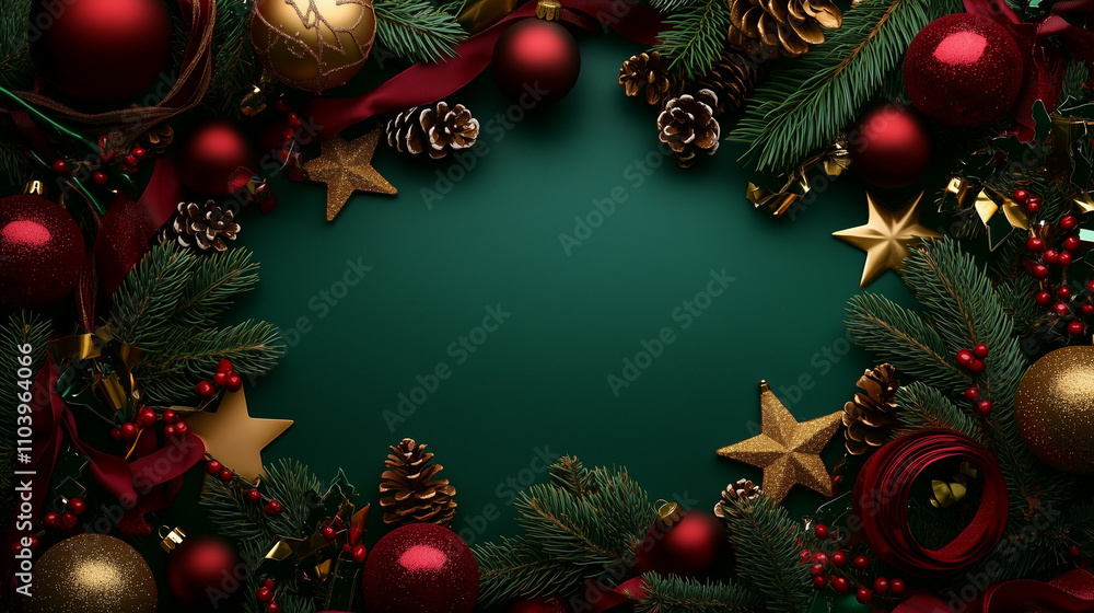 Poster elegant christmas background with a deep emerald green color palette, adorned with festive red and g