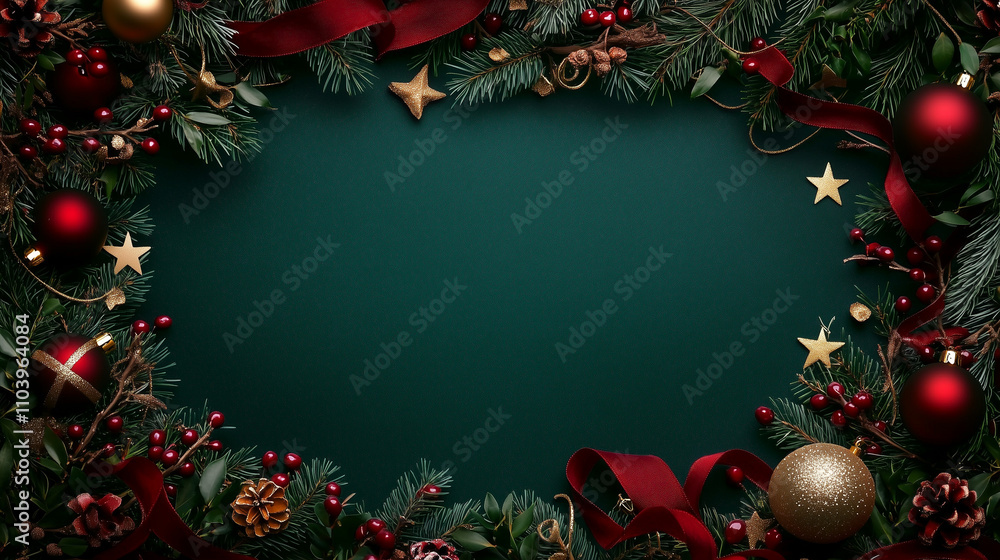 Poster elegant christmas background with a deep emerald green color palette, adorned with festive red and g