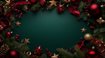 Elegant Christmas background with a deep emerald green color palette, adorned with festive red and gold decorations, and a classic wreath for a touch of timeless holiday charm.
