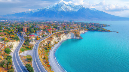 Naklejka premium scenic view of coastal road winding along turquoise sea, with snow capped mountains in background. vibrant landscape showcases blend of nature and urban life