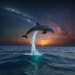 Naklejka premium A rainbow-colored dolphin leaping toward a comet in a starlit sea.