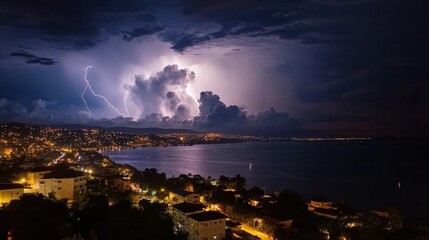 Obraz premium Dramatic nighttime thunderstorm illuminating coastal town with lightning strikes
