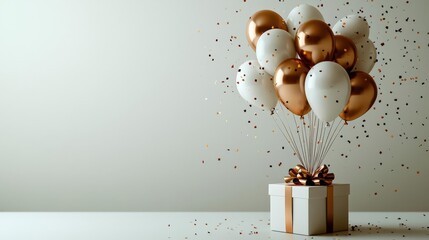 Gift box with gold and white balloons.