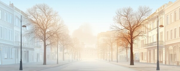A serene street scene with fog, showcasing trees and buildings, creating a tranquil, dreamlike atmosphere.