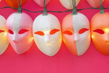 Colorful festive lantern masks with warm lighting on pink background for celebration design